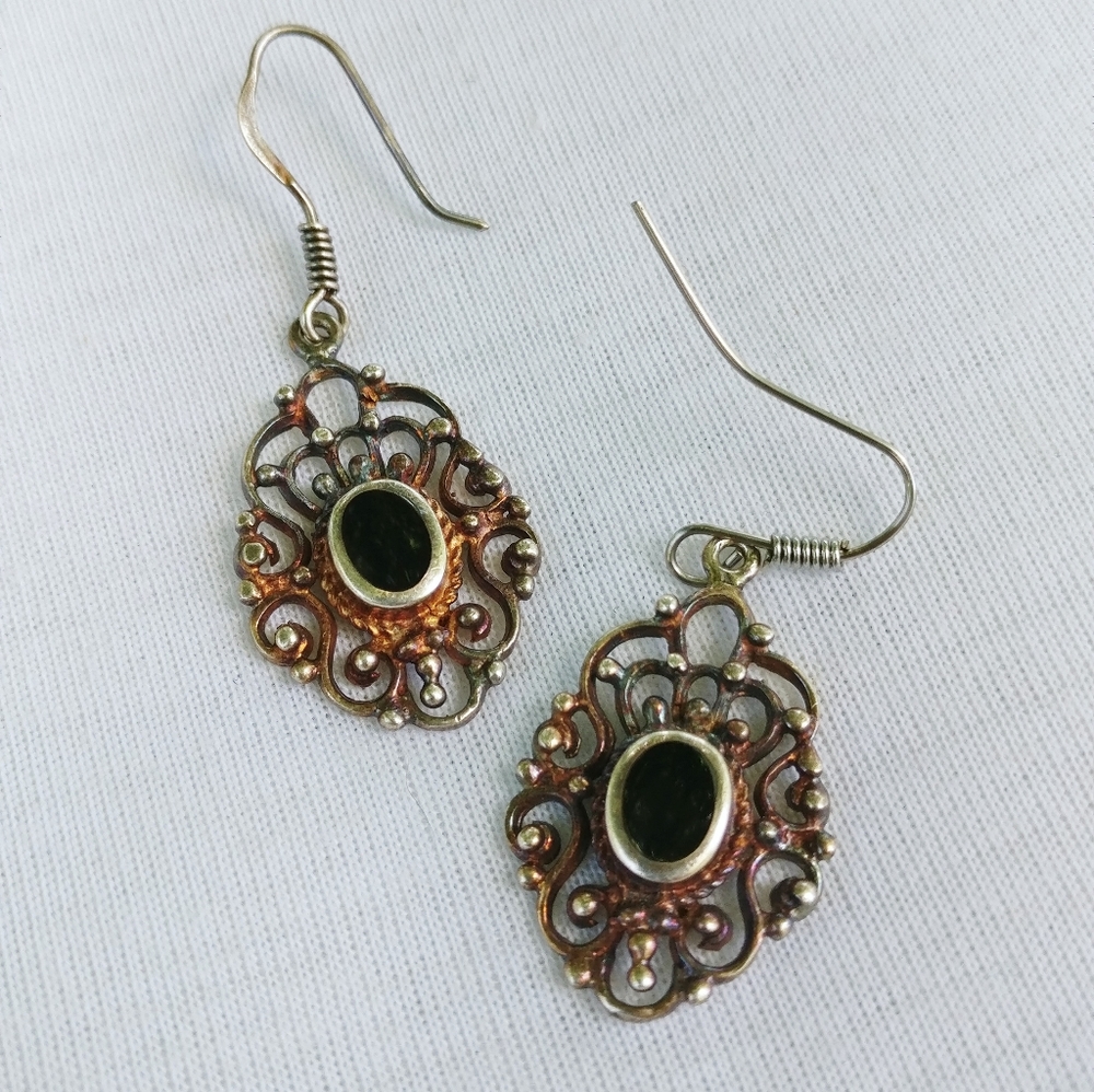 Vintage Art Nouveau Silver Filigree Onyx Inlay Dangle Drop Earrings